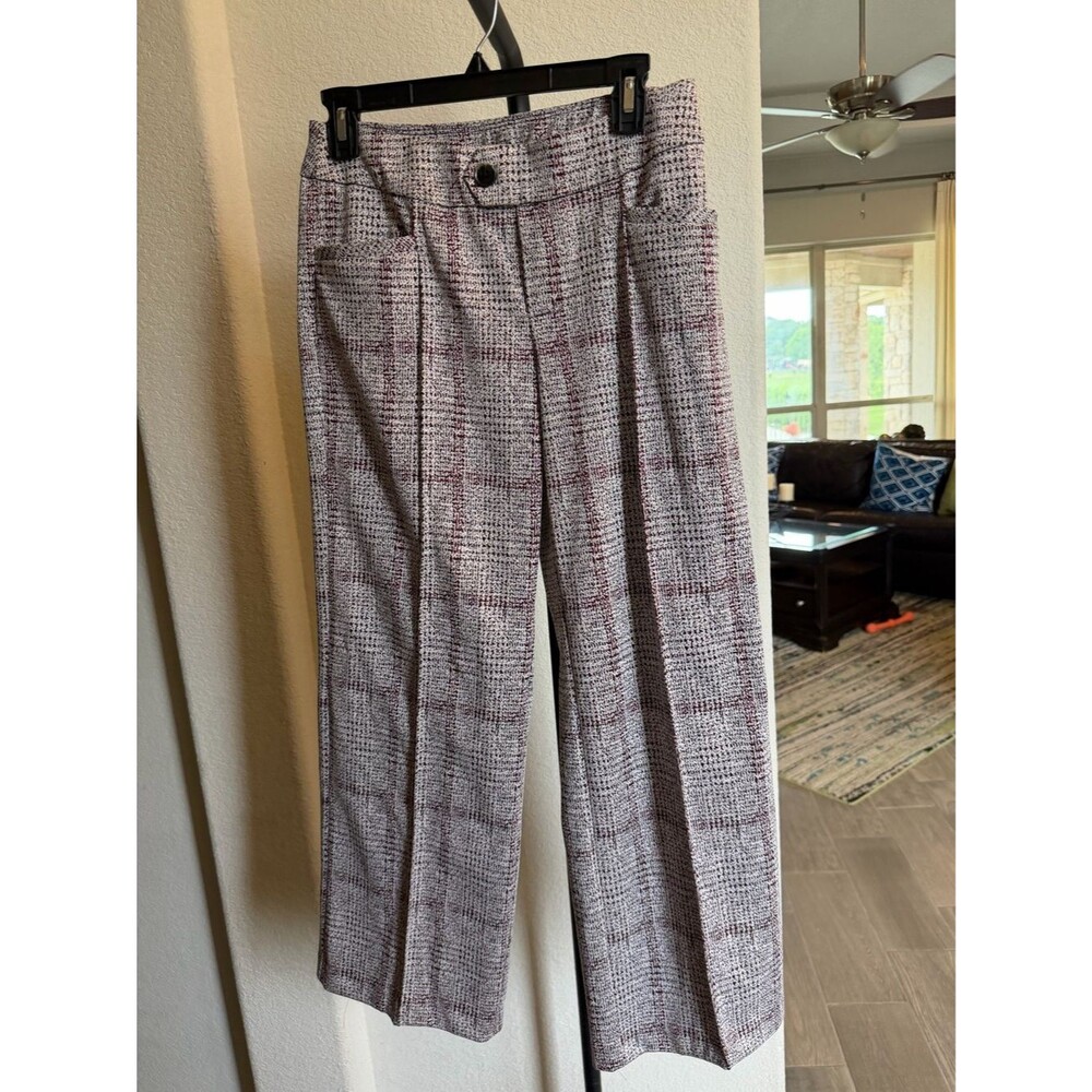 Cato Petite Burgundy and Cream Plaid Wide-Leg Pants SP